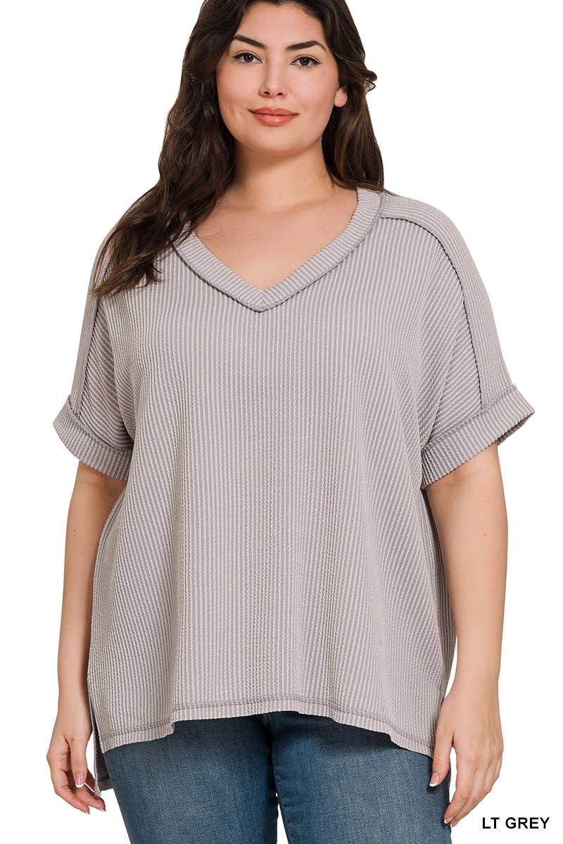 ._ SI-27252 Plus Corded Rib Short Sleeve Hi Low Neck Top
