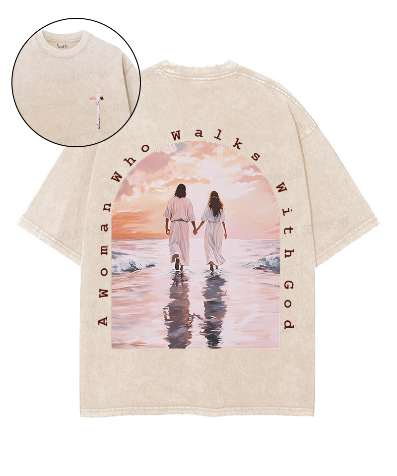 A Woman Who Walks With God Double Sided Unisex Washed Christian T-shirt Hoodie, Sweatshirt | CiraTrend.com (Image 1)