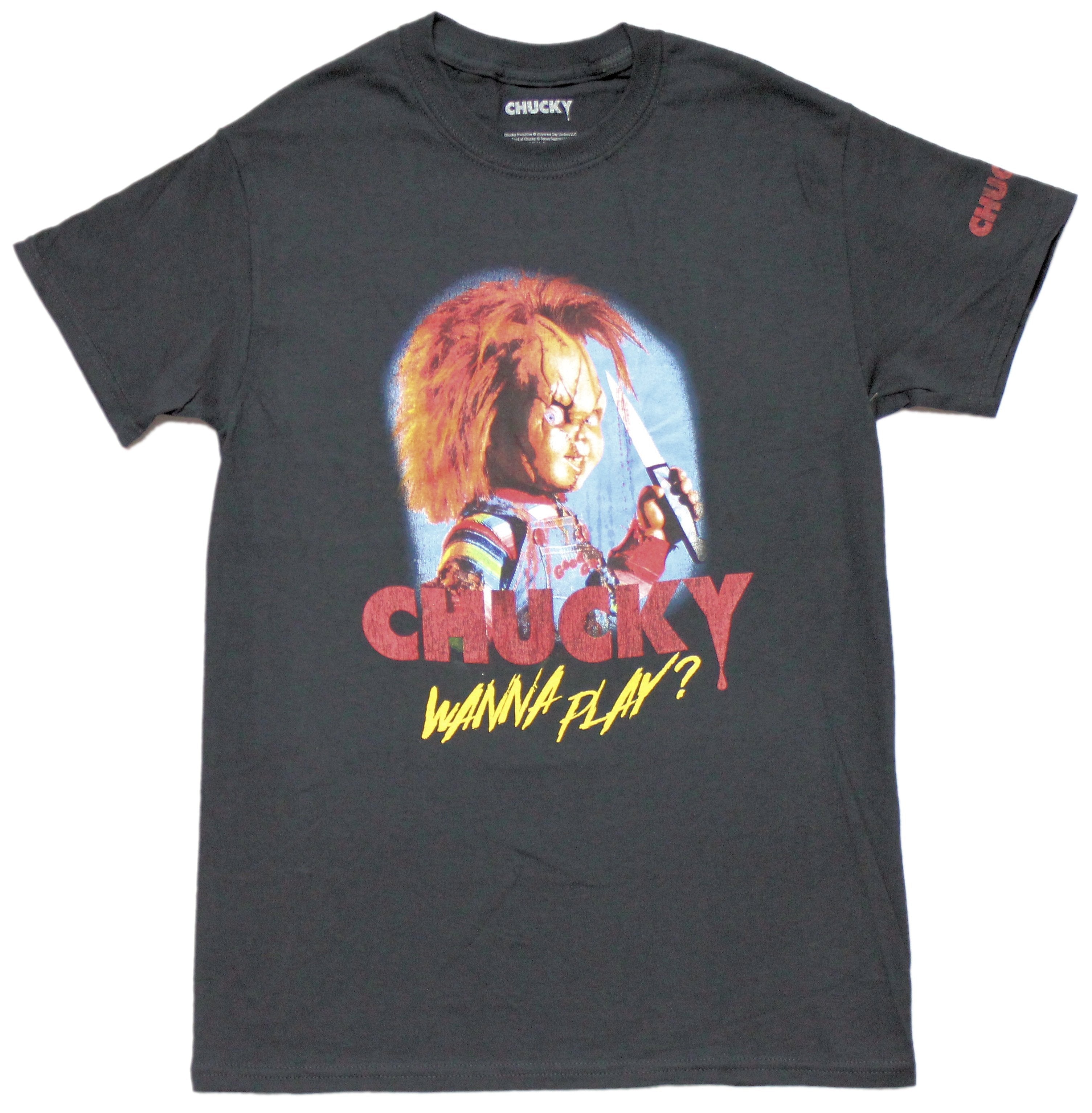 Childs Play Mens T-shirt -Chucky Smirking W/ Knife - Wanna Play? Hoodie, Sweatshirt | CiraTrend.com