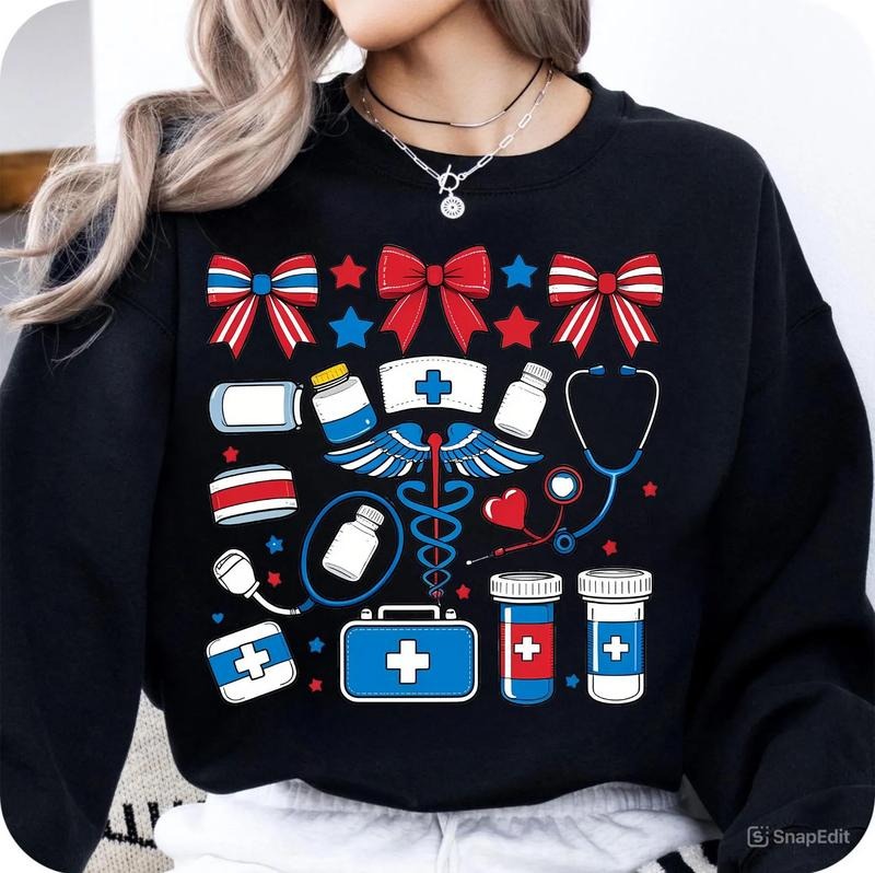 4th July ICU CRNA Surgical Medical Girly Shirt, 4th Of July Coquette Tee, Nurse Bow Ribbon Stethoscope Coquette Bow Shirt, Red White Blue Nurse Coquette Bow, Nursing School Tee, Cute Nurse Tee, Gift For Nurse