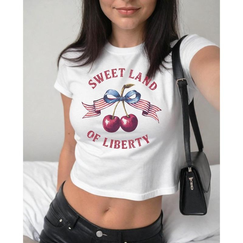 4th of July Baby Tee American Flag Baby Tee Coquette  July 4th Crop Top Americacore Cherry Baby Tee Patriotic Baby Tee Merica Shirt