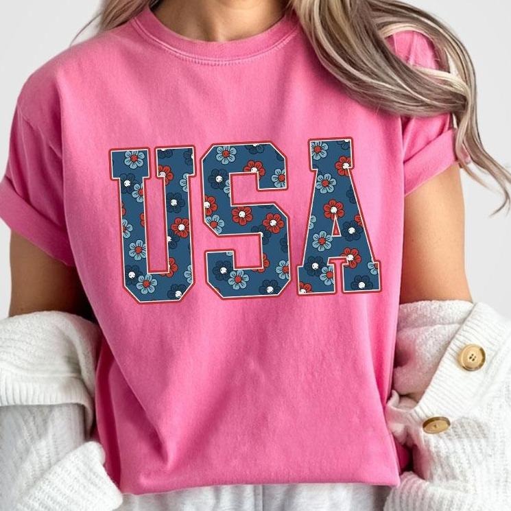 4th of July Shirt, USA Retro Shirts, 4th Of July Tee, Shirts For Women, Floral USA Shirt, American Graphic Tee, Trendy USA Shirt, Women's Tops, Cute USA Tee For Her, Fourth Of July Shirt, Independence Day, Gift For Her