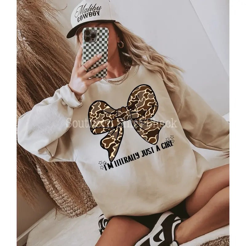 Literally Just A Girl camo bow  Sweatshirt - Gildan Sand 50/50 - Sublimation Printed - Menswear, Oversized T-Shirts, Hoodie