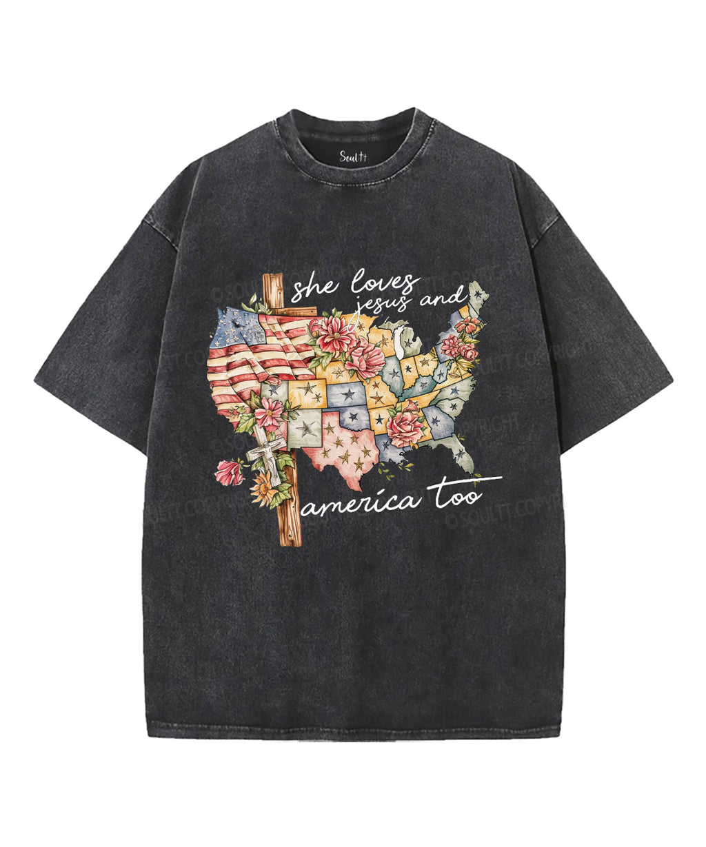 She Loves Jesus and America Too Unisex Washed Christian T-shirt Hoodie, Sweatshirt | CiraTrend.com (Image 1)