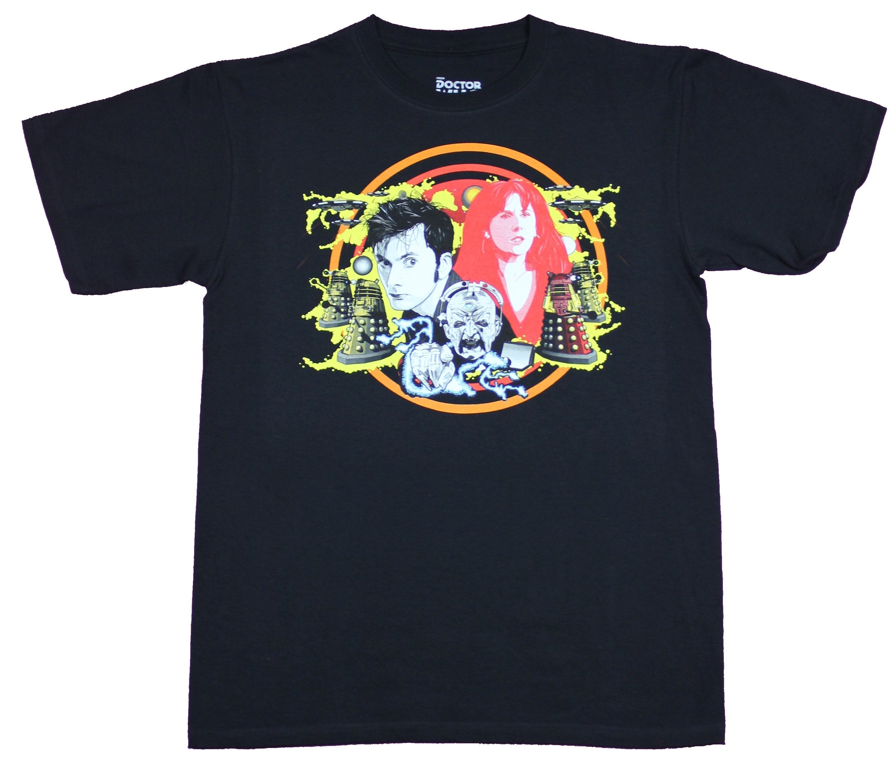 Doctor Who Mens T-Shirt  - 10th Doctor & Companion Over Yellow Backed Enemies Hoodie, Sweatshirt | CiraTrend.com