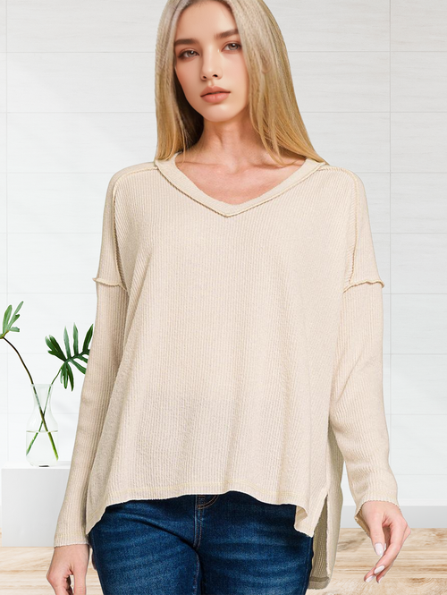 ..SI-27140 Brushed Ribbed Hacci Drop Shoulder V Neck Sweater