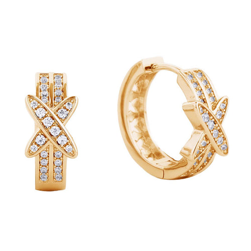 14K Gold-Dipped Cz Paved Two-Line Huggie Earring