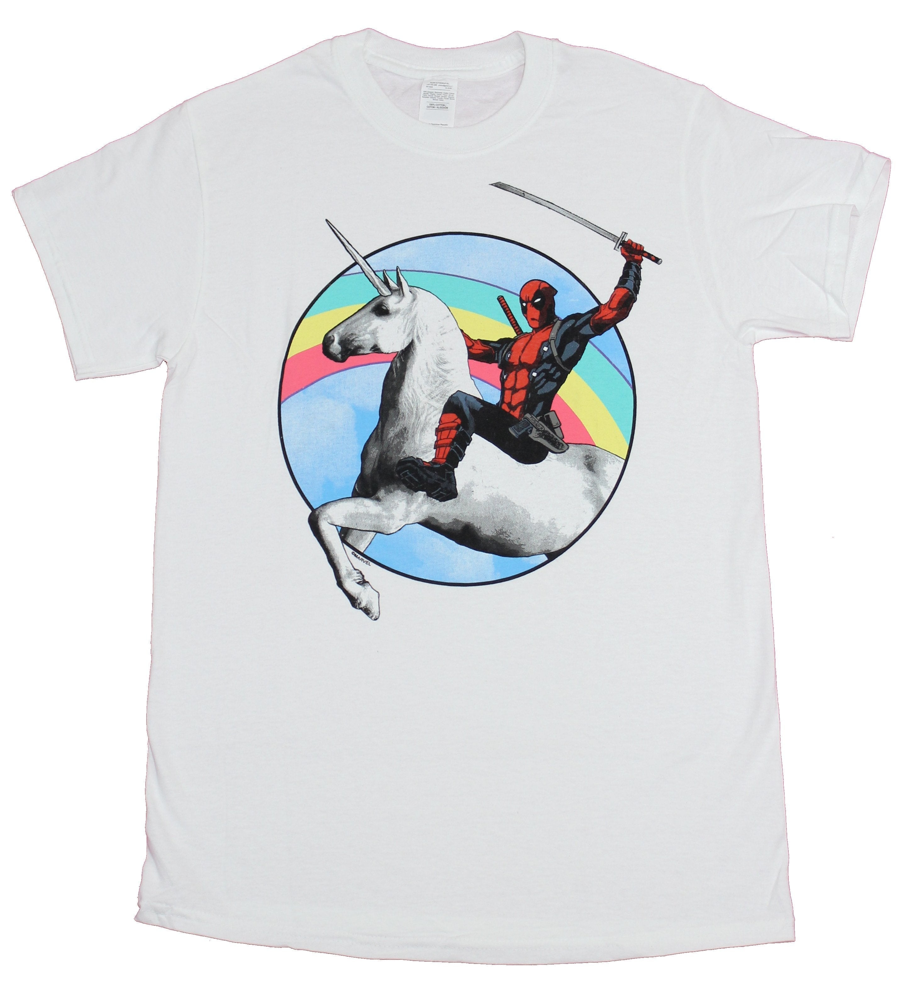 Deadpool Mens T-Shirt - Jumping a Unicorn Through a Rainbow Sky Circle Hoodie, Sweatshirt | CiraTrend.com