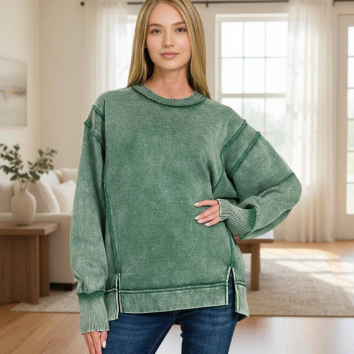 ._ Washed Slit Hem Fleece Sweatshirt SI-26719