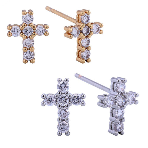 14K Gld Dipped Cz Pave Cross Post Earrings