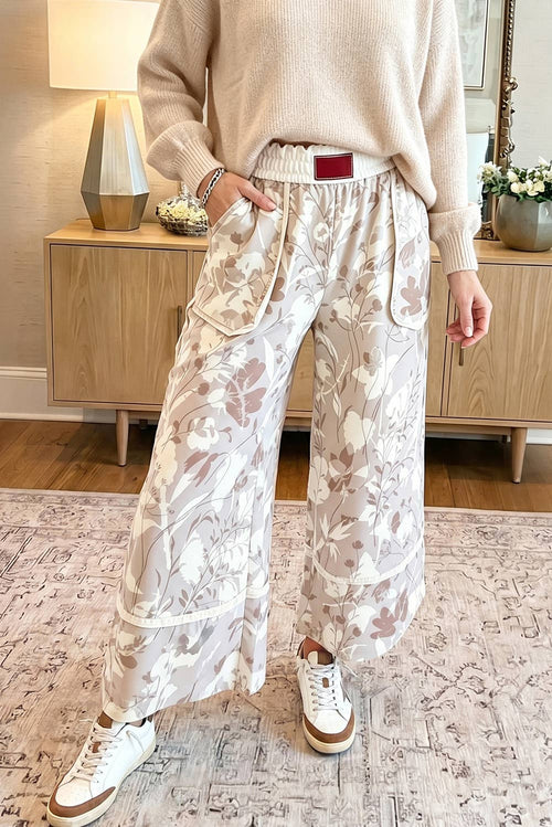 66 Floral Plus Contrast Trim Elastic Waist Pants (S-4X)