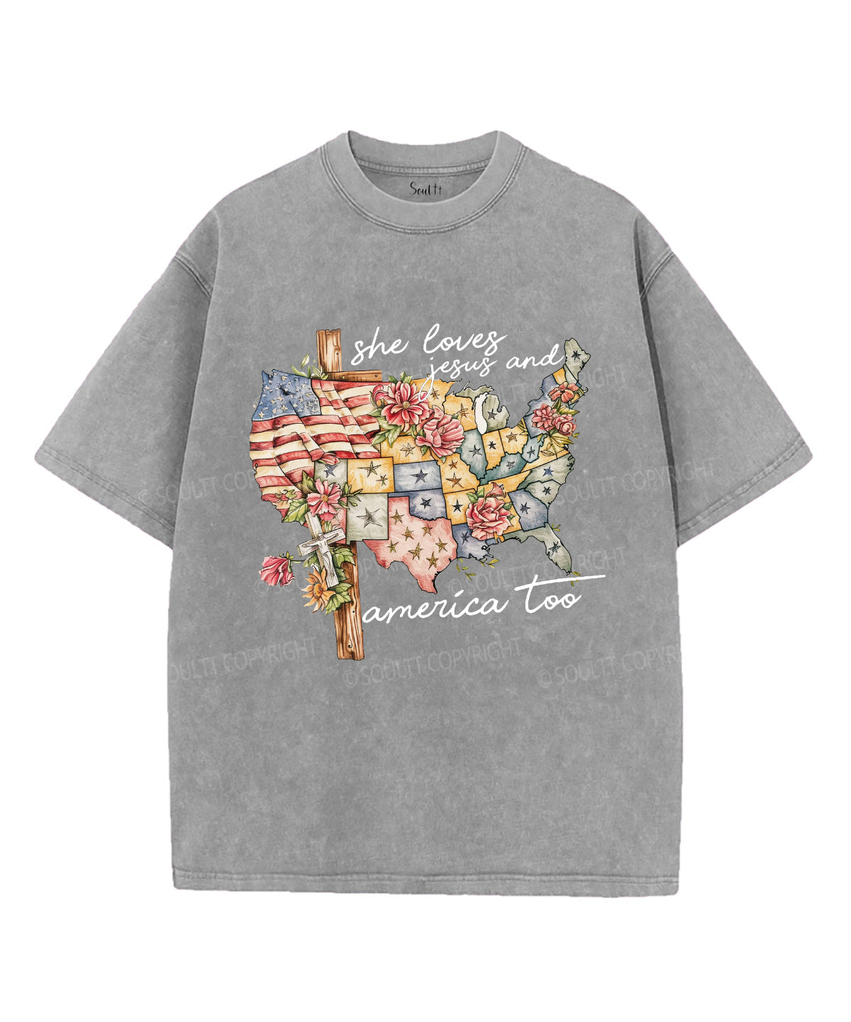 She Loves Jesus and America Too Unisex Washed Christian T-shirt Hoodie, Sweatshirt | CiraTrend.com (Image 2)