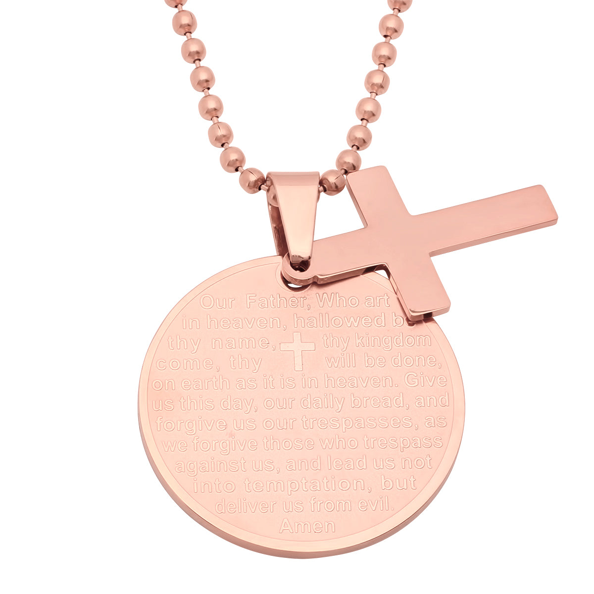 18k Rose Gold Plated Stainless Steel Round Our Father Prayer Pendant With Cross T-Shirts, Hoodie, Sweatshirt (Image 2)