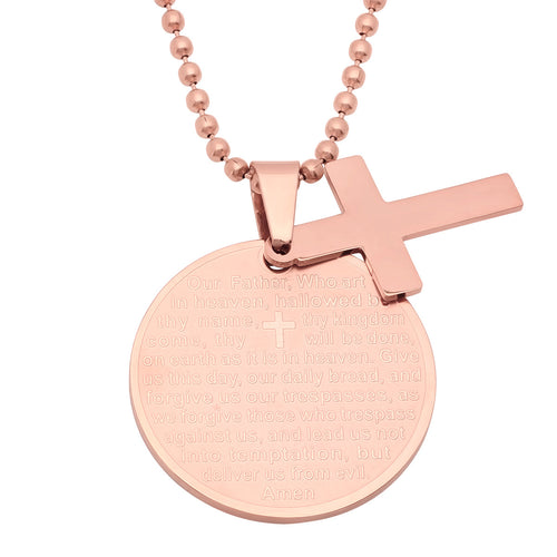 18k Rose Gold Plated Stainless Steel Round Our Father Prayer Pendant With Cross T-Shirts, Hoodie, Sweatshirt (Image 2)