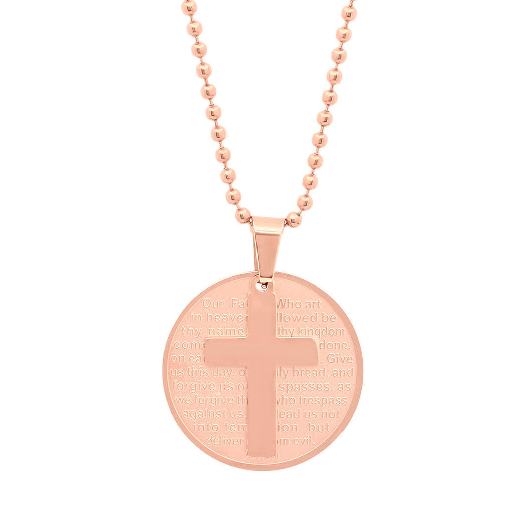 18k Rose Gold Plated Stainless Steel Round Our Father Prayer Pendant With Cross T-Shirts, Hoodie, Sweatshirt (Image 1)