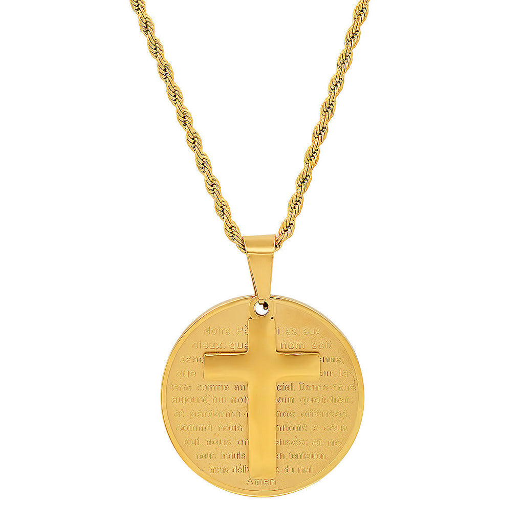 18K Gold Plated Stainless Steel Round Portuguese Prayer And Cross Pendant T-Shirts, Hoodie, Sweatshirt (Image 1)
