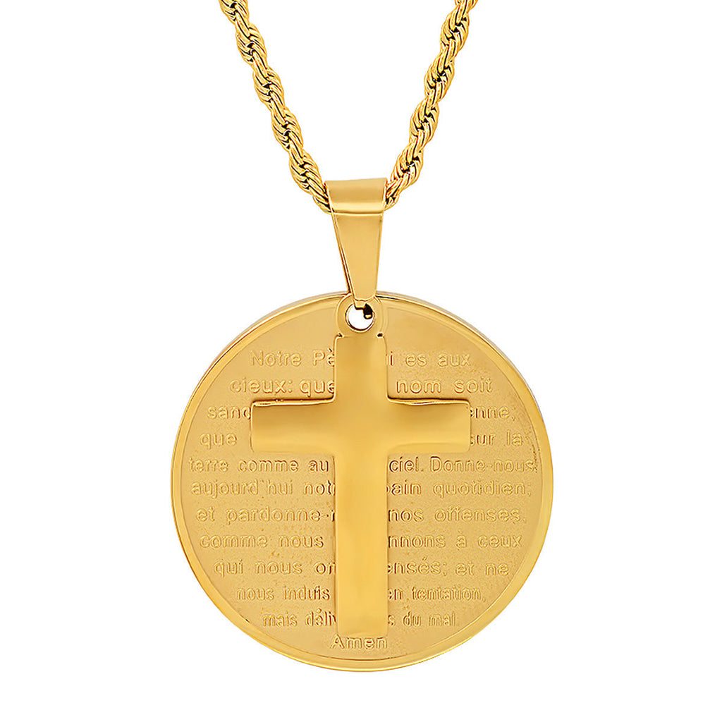 18K Gold Plated Stainless Steel Round Portuguese Prayer And Cross Pendant T-Shirts, Hoodie, Sweatshirt (Image 2)