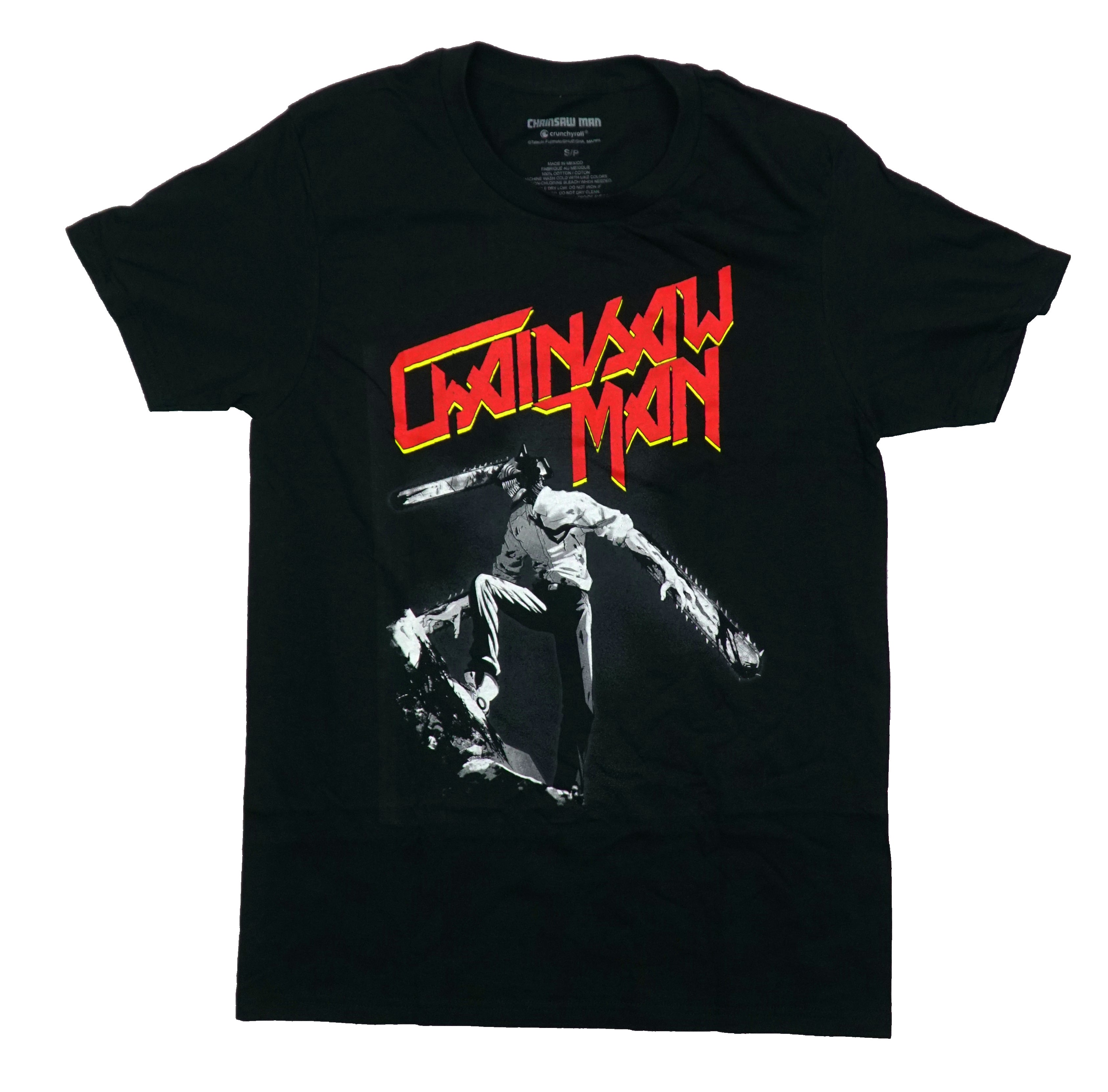 Chainsaw Man Mens T-Shirt - Grayscale With 3 Saws Under Red/Yellow Name Hoodie, Sweatshirt | CiraTrend.com