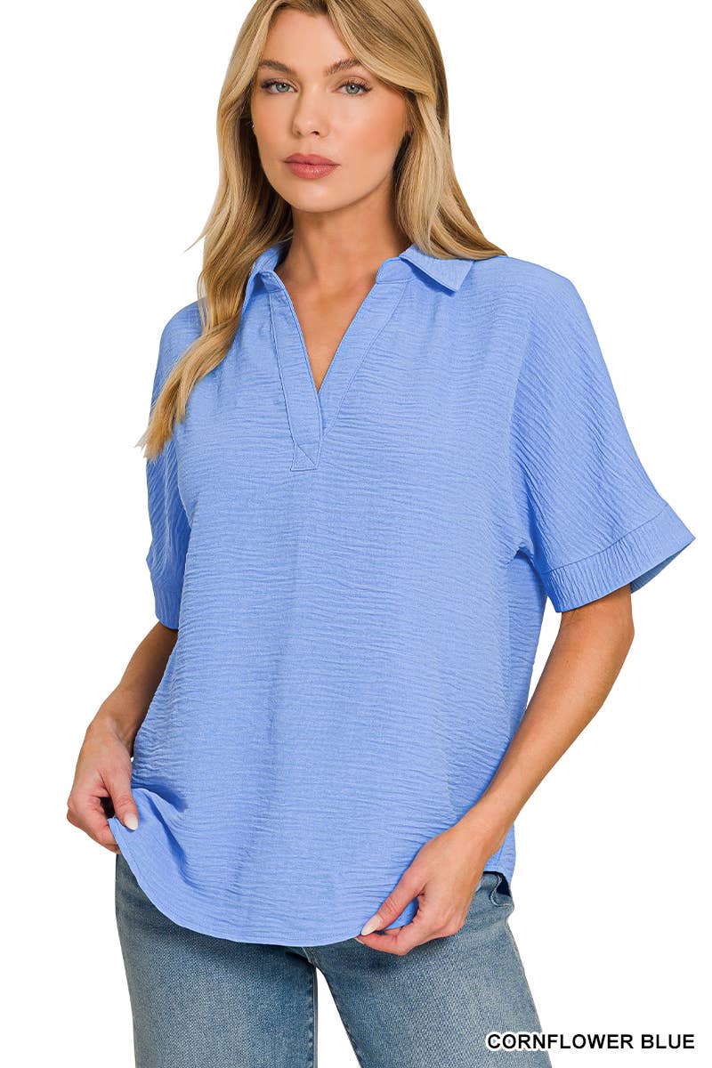 ...SI-25661 Woven Airflow Collared V Neck Short Sleeve Top