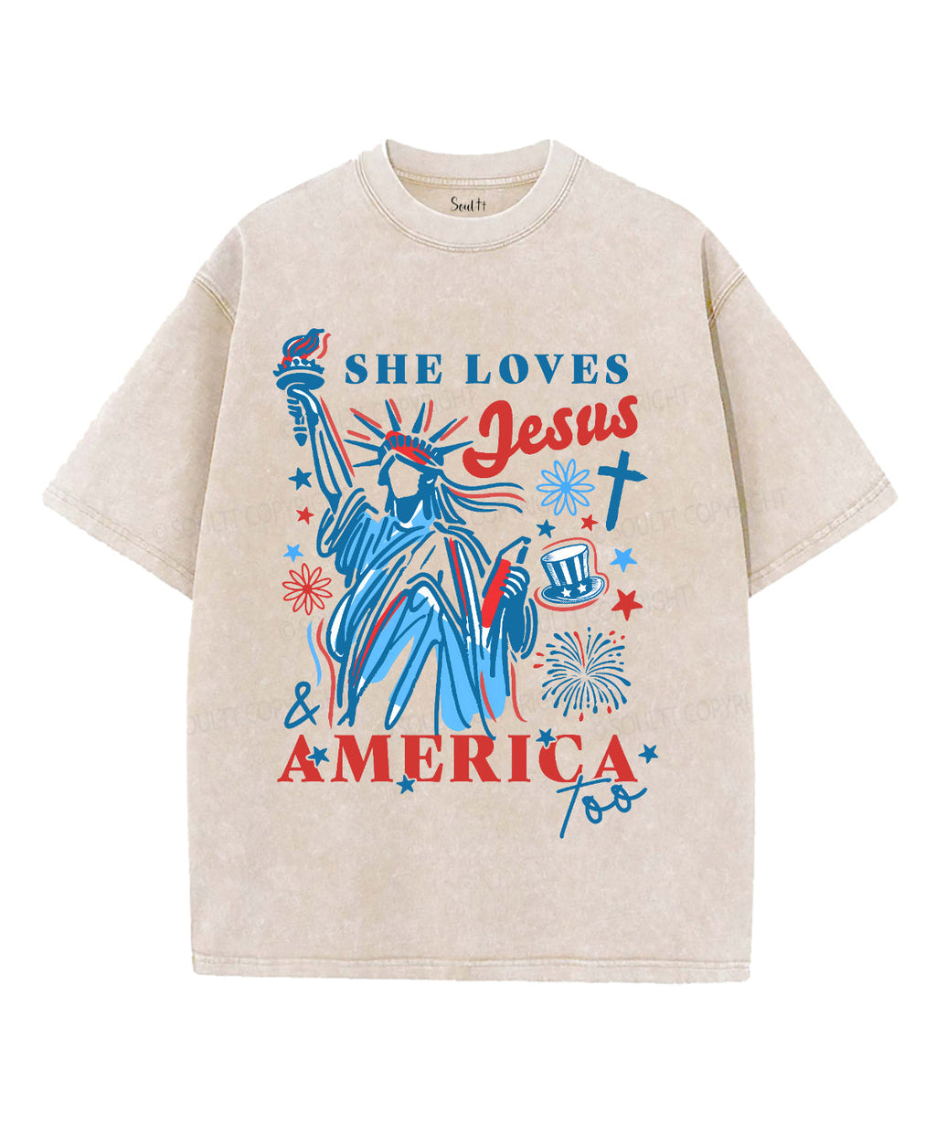She Loves Jesus & America Unisex Washed Christian T-shirt Hoodie, Sweatshirt | CiraTrend.com (Image 1)