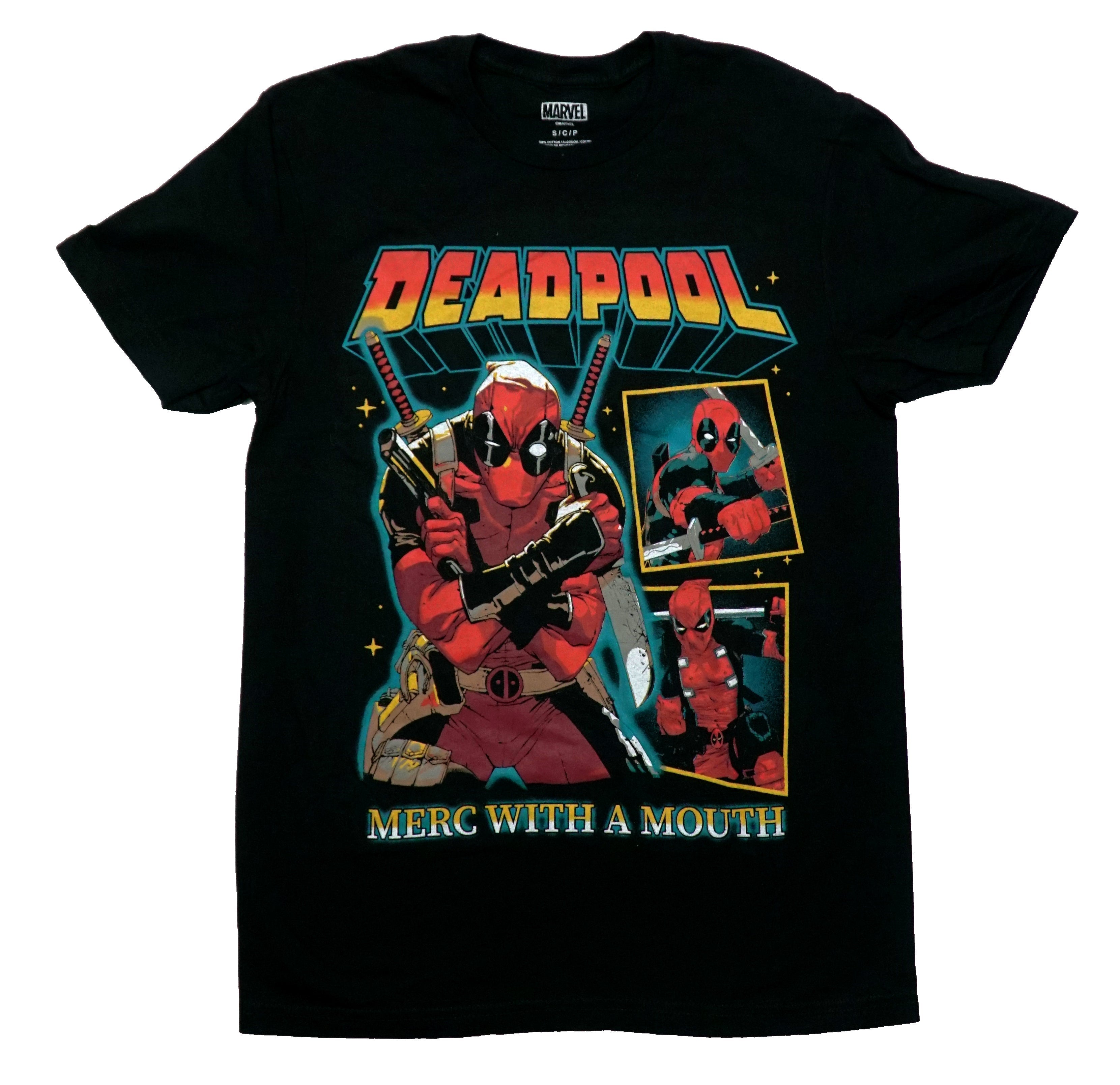 Deadpool Mens T-Shirt  - Merc With A Mouth 90s 3 Poses Hoodie, Sweatshirt | CiraTrend.com