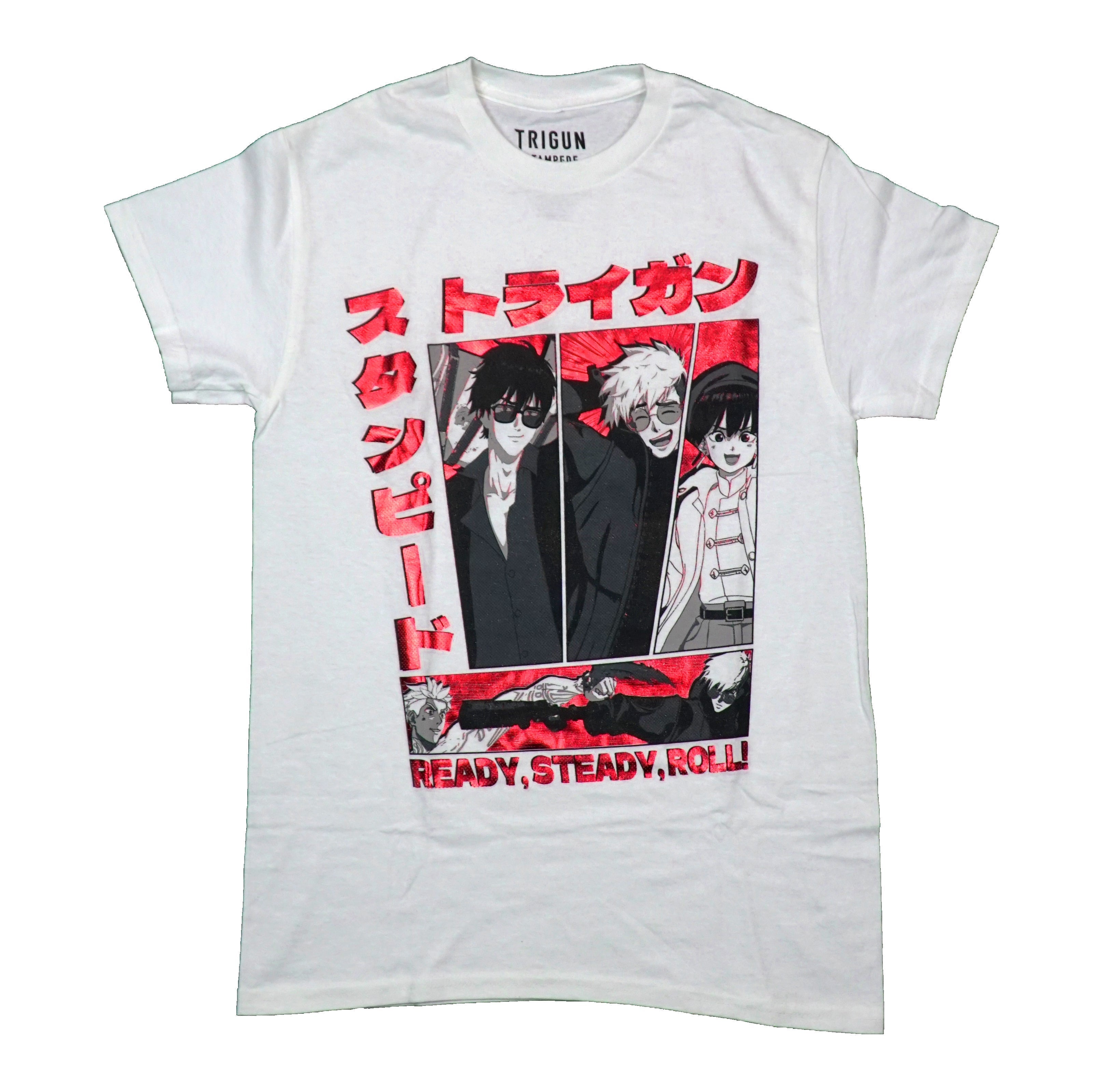 Trigun Mens T-Shirt - Red Foil Kanji Name Trio Over Ready, Steady, Roll! Hoodie, Sweatshirt | CiraTrend.com