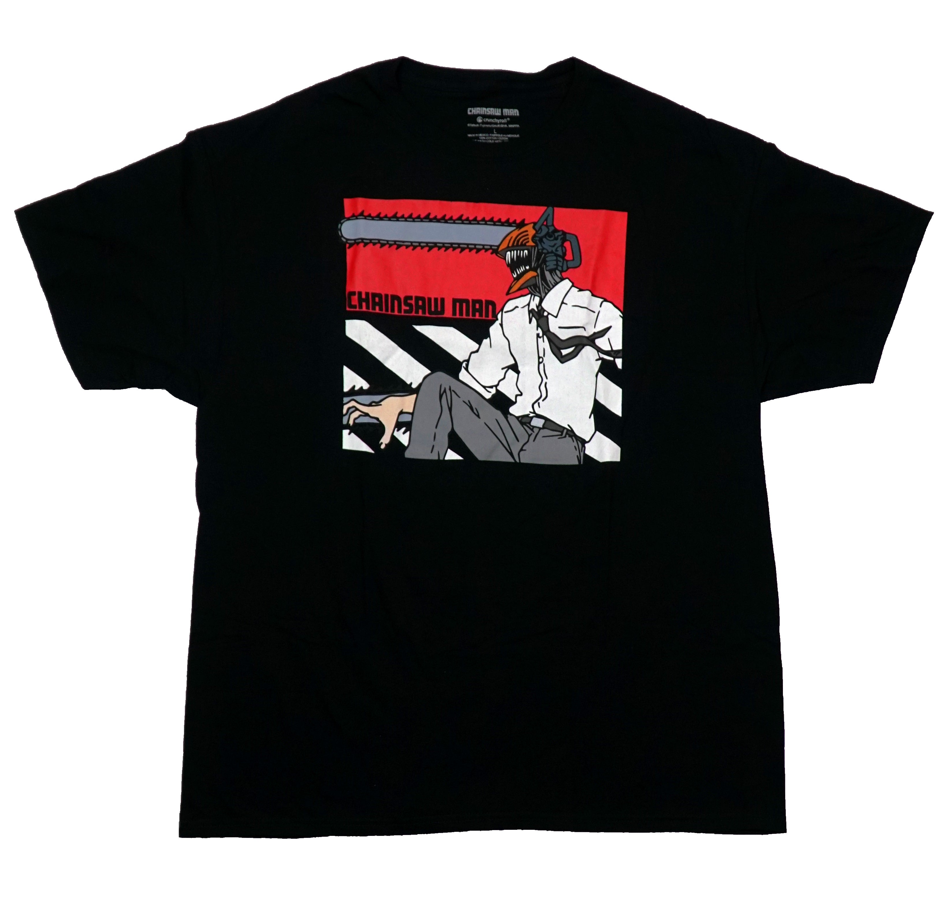 Chainsaw Man Mens T-Shirt - Denji Over Black and White Strips Besides Name Hoodie, Sweatshirt | CiraTrend.com
