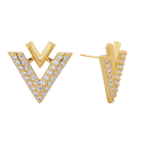 14k Dipped Double V Shaped Cz Post Earrings