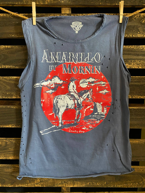 Amarillo By Mornin Relaxed Fit Distressed Rolled Sleeve Muscle Top