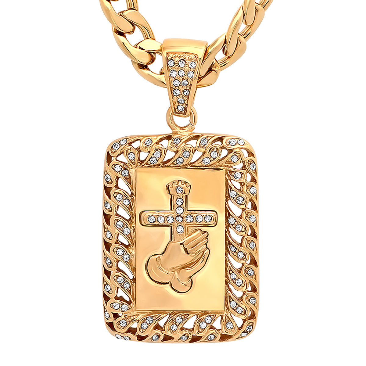 18K Gold Plated Stainless Steel Prayer Hands And Cross Pendant With Simulated Diamonds T-Shirts, Hoodie, Sweatshirt (Image 2)