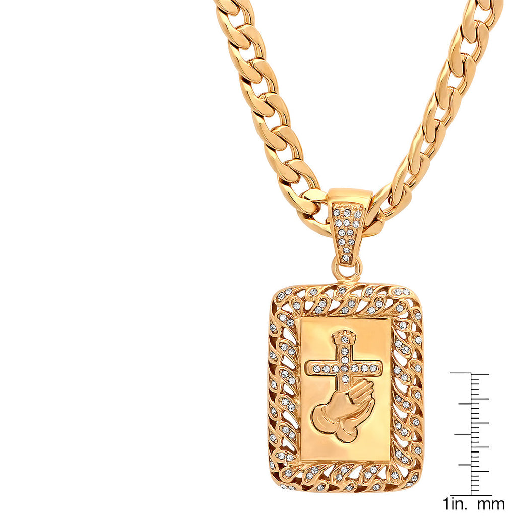 18K Gold Plated Stainless Steel Prayer Hands And Cross Pendant With Simulated Diamonds T-Shirts, Hoodie, Sweatshirt (Image 3)