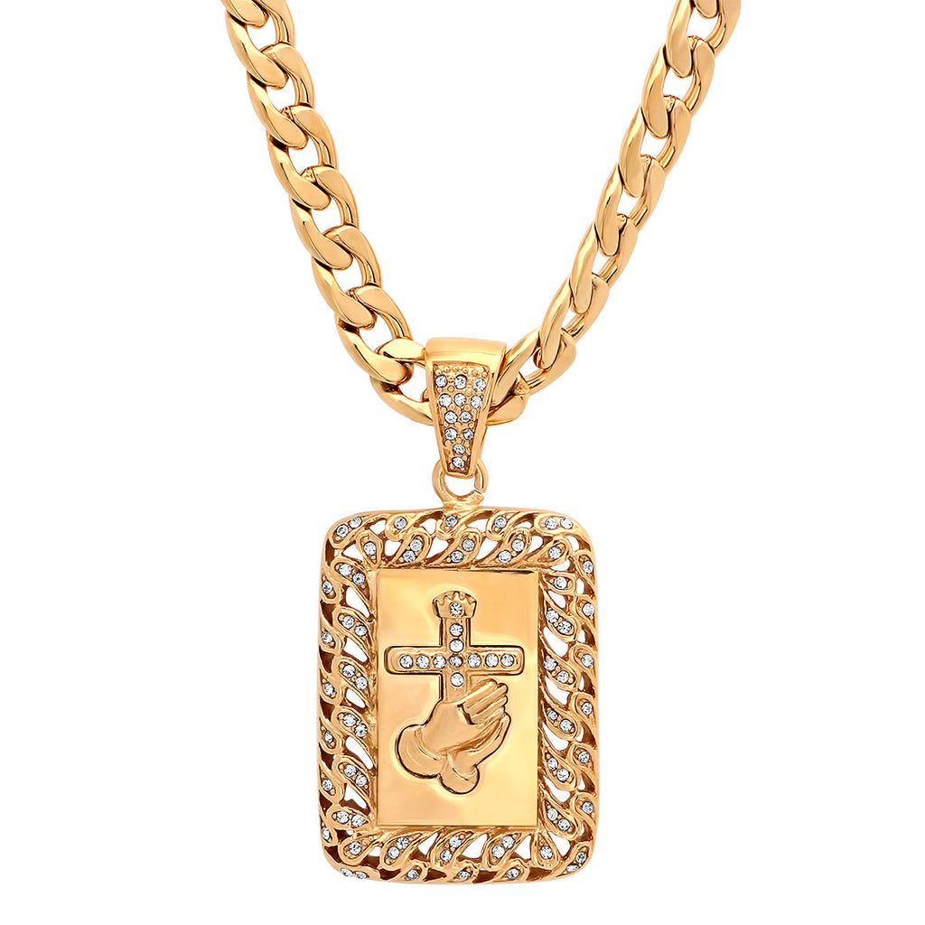 18K Gold Plated Stainless Steel Prayer Hands And Cross Pendant With Simulated Diamonds T-Shirts, Hoodie, Sweatshirt (Image 1)
