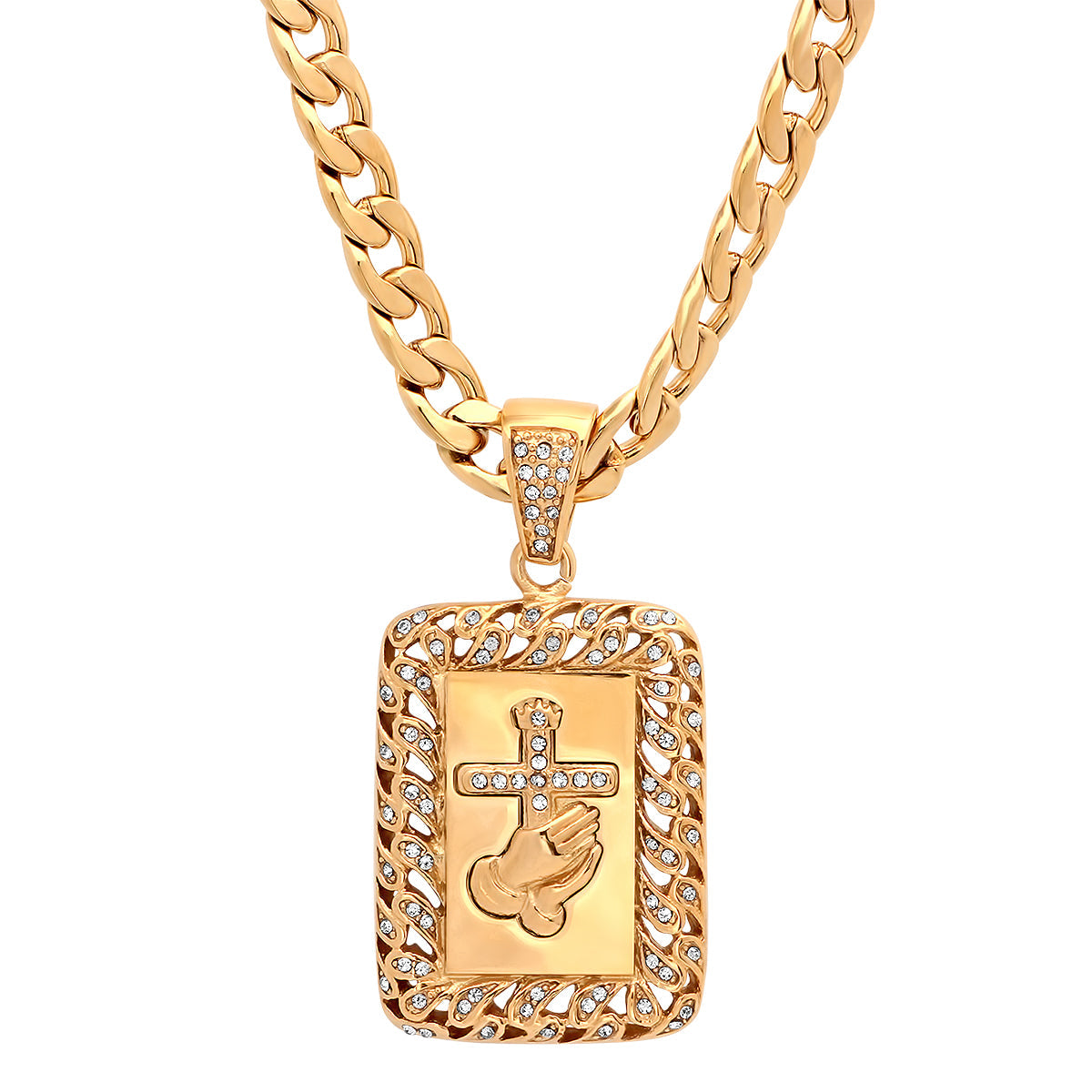 18K Gold Plated Stainless Steel Prayer Hands And Cross Pendant With Simulated Diamonds T-Shirts, Hoodie, Sweatshirt (Image 1)
