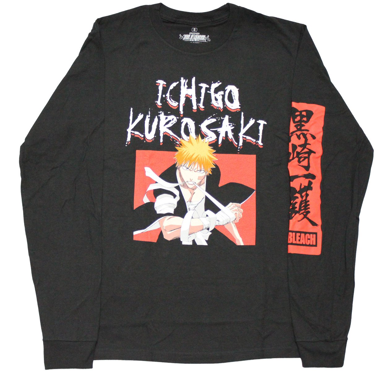 Bleach Mens T-Shirt - Ichigo Kuros Biting Ribbon Kanji on Left Sleeve Hoodie, Sweatshirt | CiraTrend.com