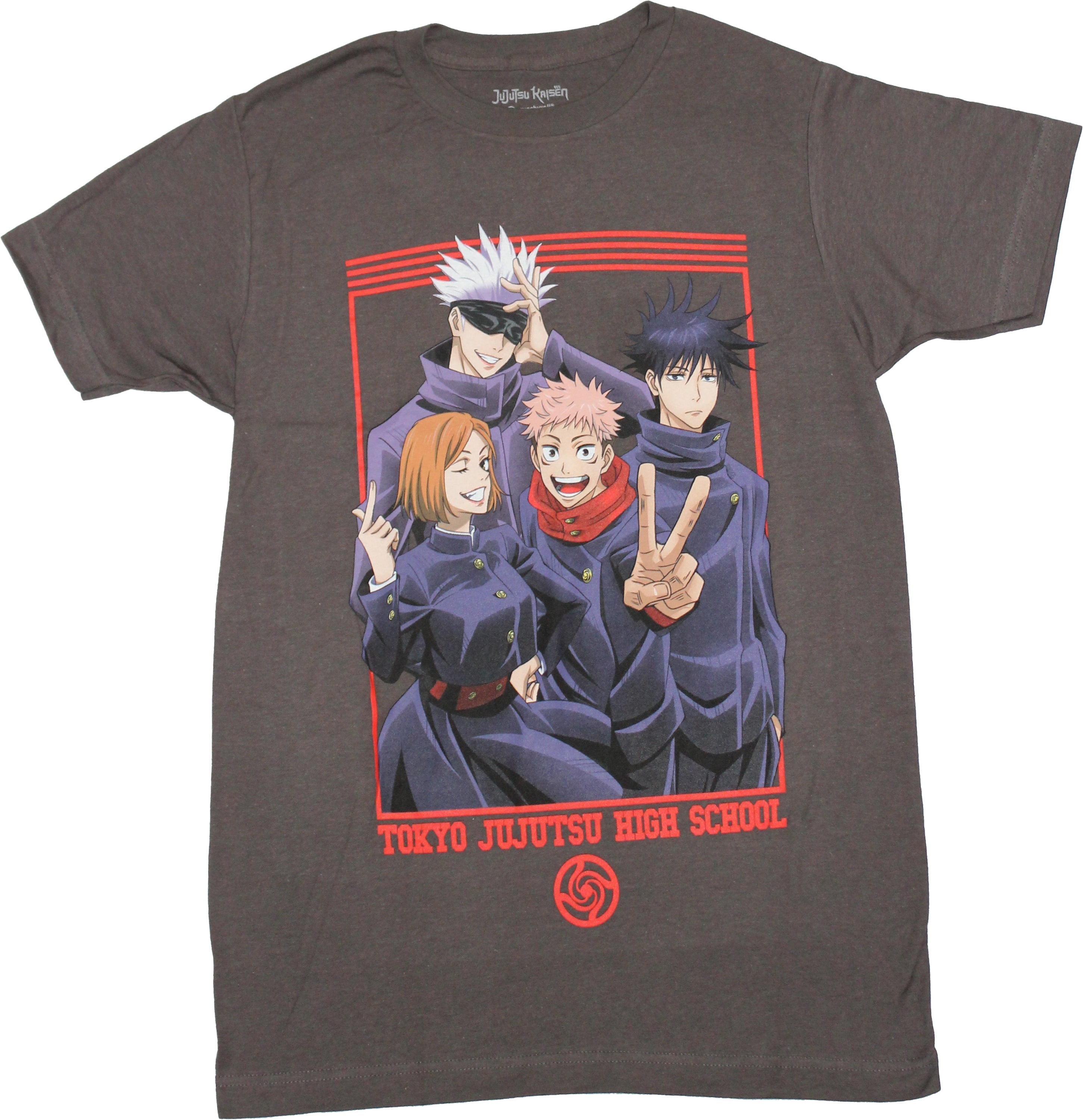 Jujutus Kaisen Mens T-Shirt -Peace Sign Cast Over School Logo Hoodie, Sweatshirt | CiraTrend.com
