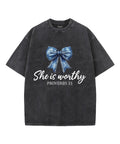She Is Worthy Unisex Washed Christian T-shirt Hoodie, Sweatshirt | CiraTrend.com (Image 1)