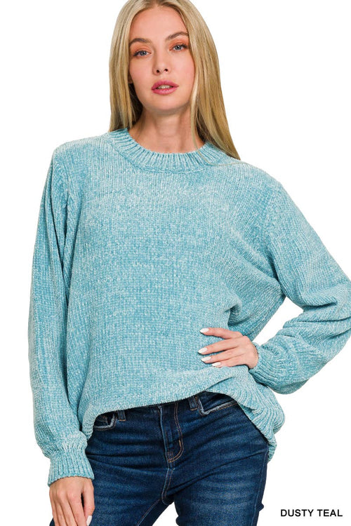 0809 Round Neck Balloon Sleeve Chenille Sweater  SI-26672