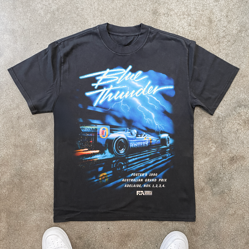 90s FOSTERS 'BLUE THUNDER' LIGHTNING GRAND PRIX HEAVY BLACK TEE Hoodie, Sweatshirt | CiraTrend.com (Image 1)