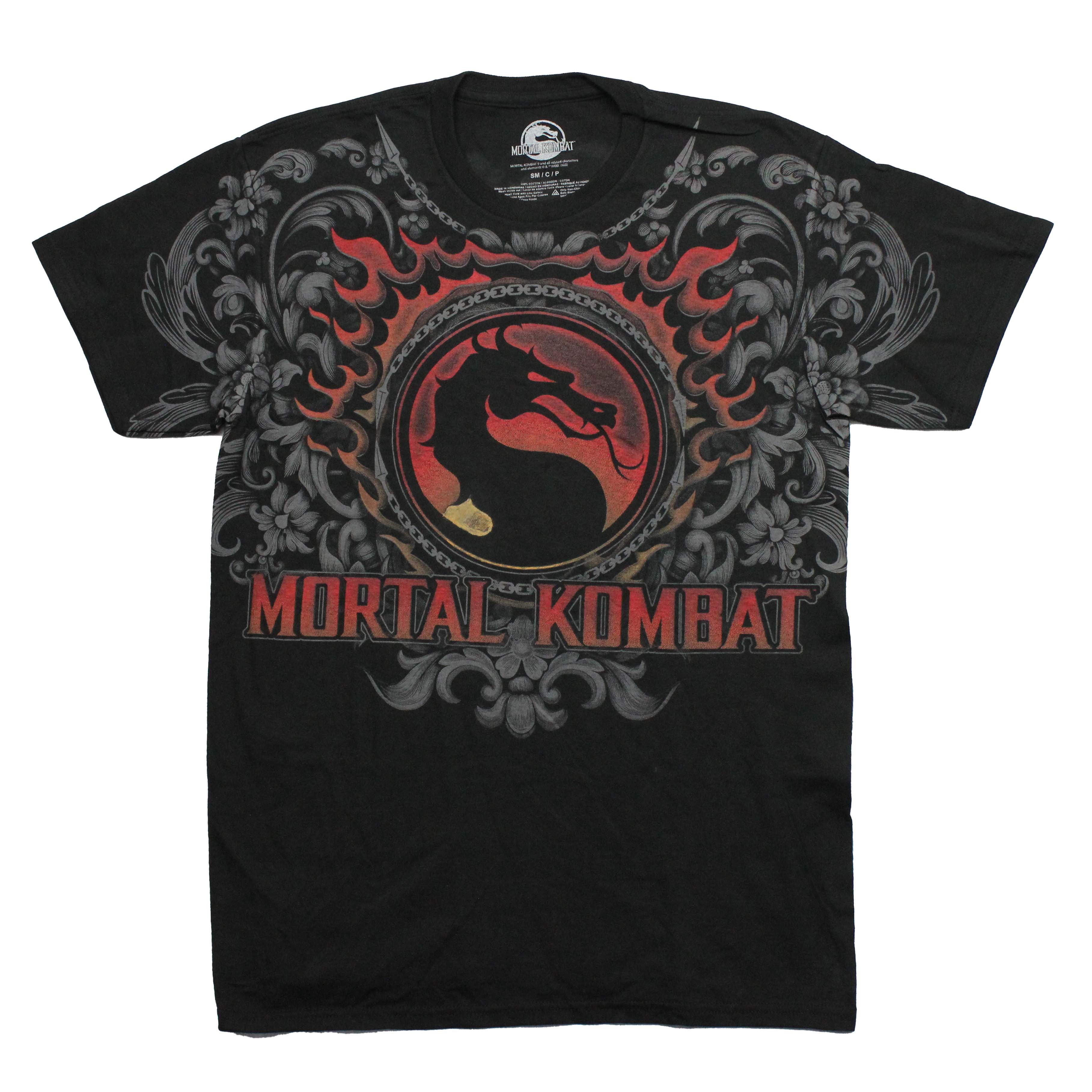 Mortal Kombat Mens T-Shirt - Logo In Chained Portrait Among Gray Flowers Hoodie, Sweatshirt | CiraTrend.com