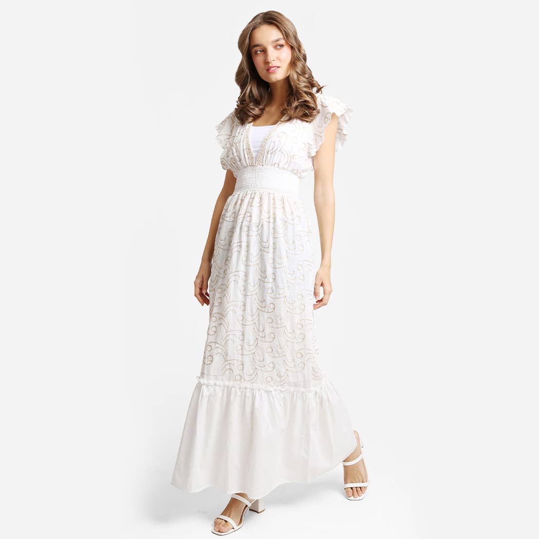 Embroidered Wave Pattern Maxi Sleeveless Dress