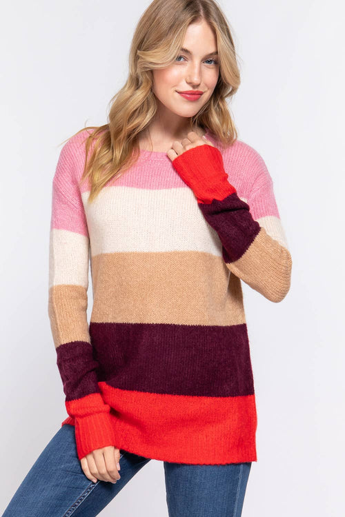 .SI-25162 Crew Neck Color Block Sweater
