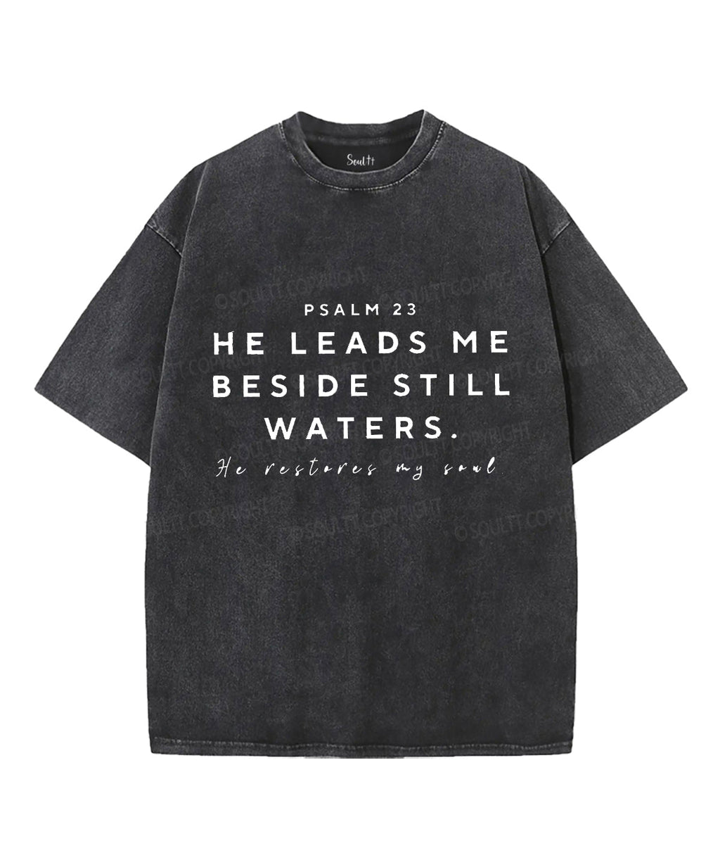 He Leads Me Unisex Washed Christian T-shirt Hoodie, Sweatshirt | CiraTrend.com (Image 1)