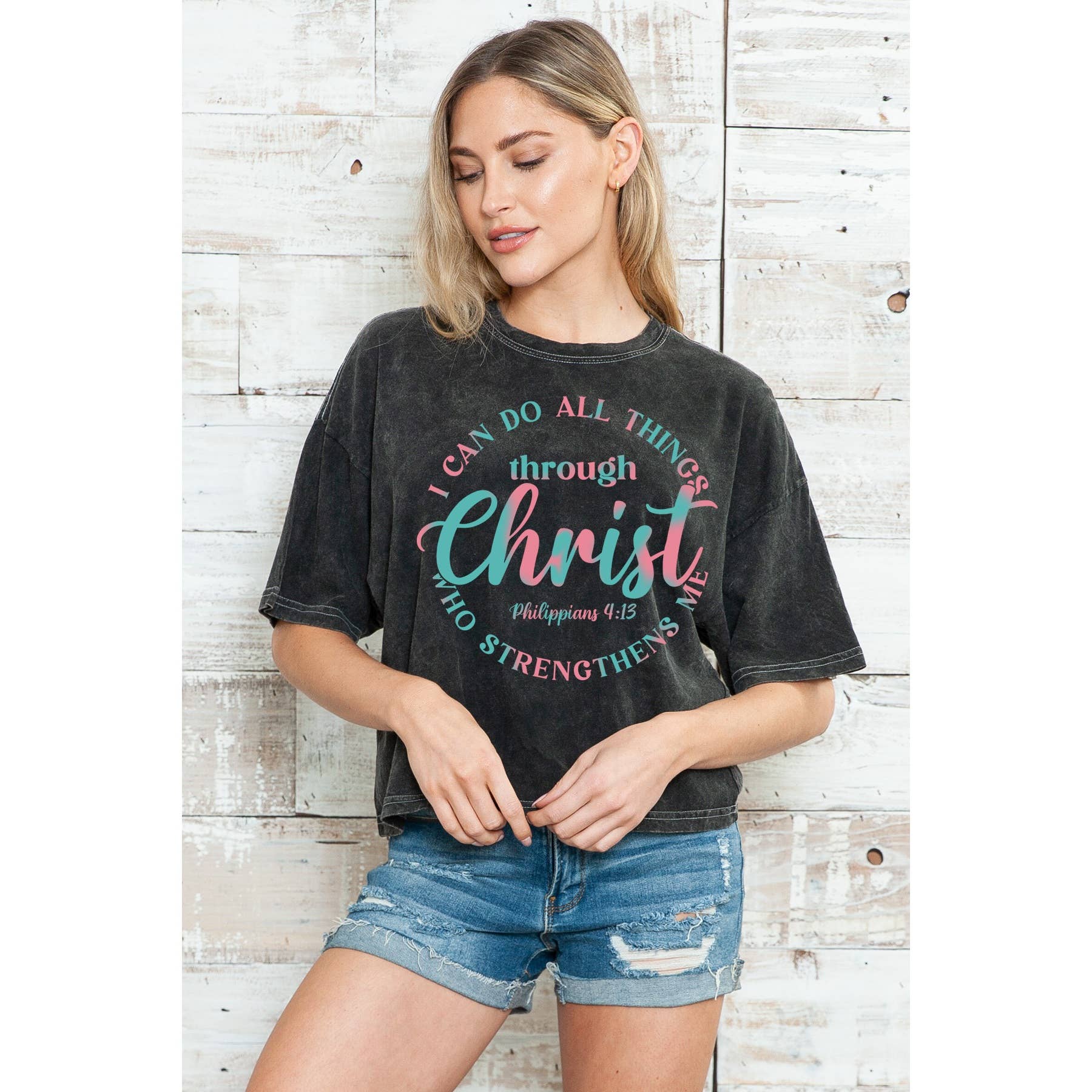 Christ Philippians 4 13 - Mineral Wash Cropped Top