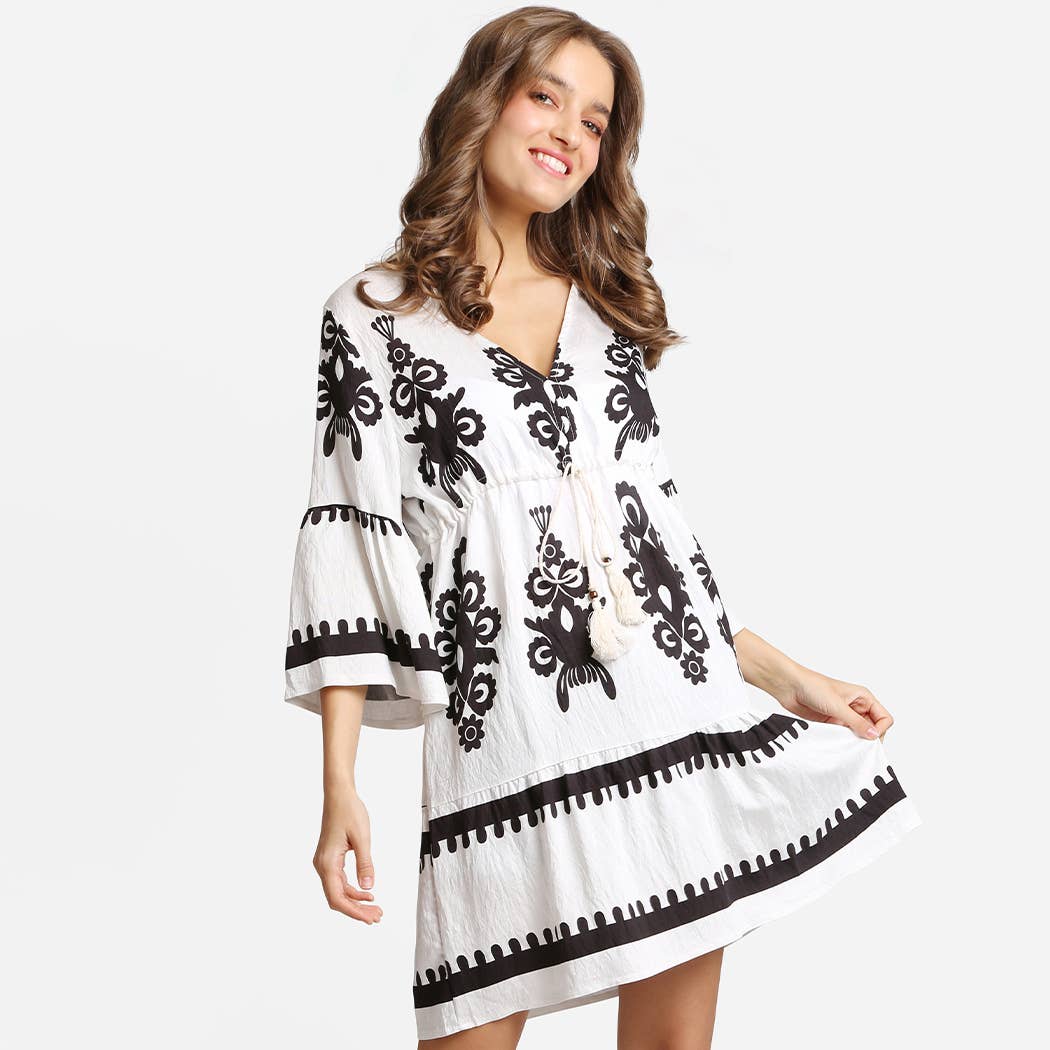 Boho Pattern Print Drawstring Summer Mini Dress