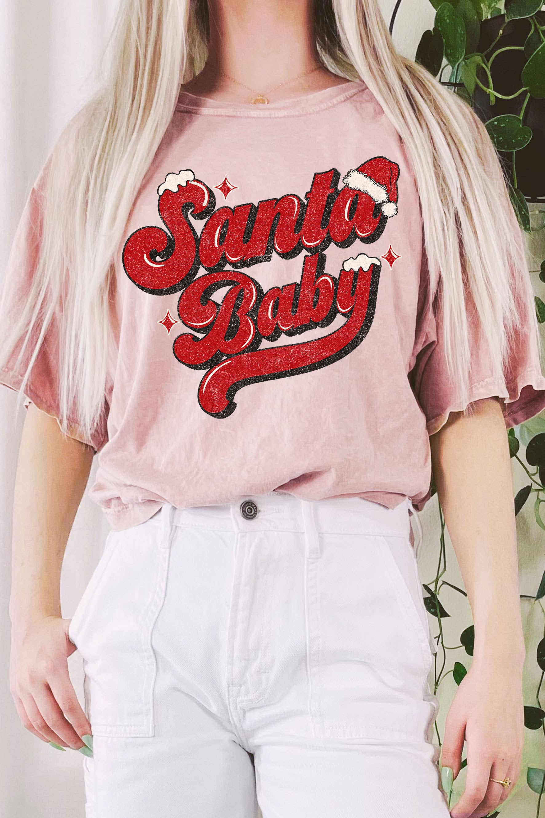 Red Santa Baby Star Mineral Graphic Long Crop Top