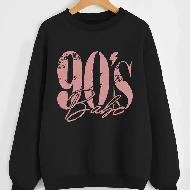 90's Babe Print Pullover Sweatshirt, Casual Long Sleeve Crew Neck Sweatshirt For Fall & Winter, Women's Clothing