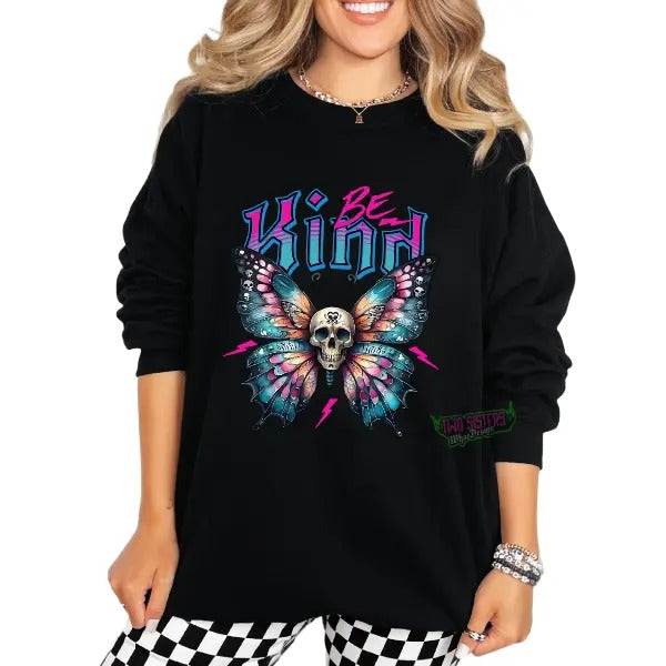 90s Neon Be Kind Skeleton Butterfly Tee, Sweatshirt, or Hoodie | Dark Grunge Nostalgia Shirt | Edgy Alt Fashion Top Skull Alt Streetwear Womenswear