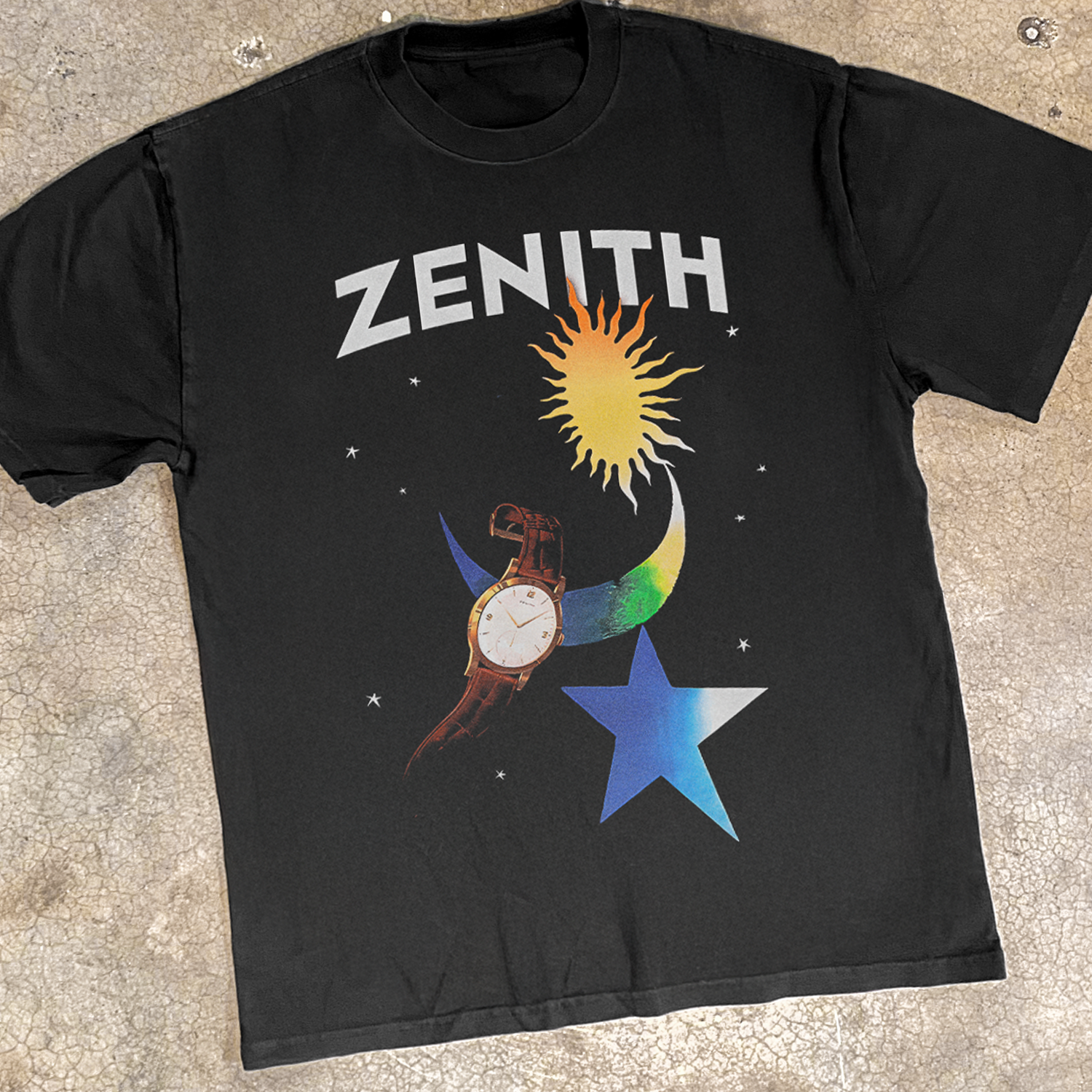 ZENITH WATCHES 'MOON & STARS' HEAVY FADED BLACK TEE Hoodie, Sweatshirt | CiraTrend.com (Image 2)