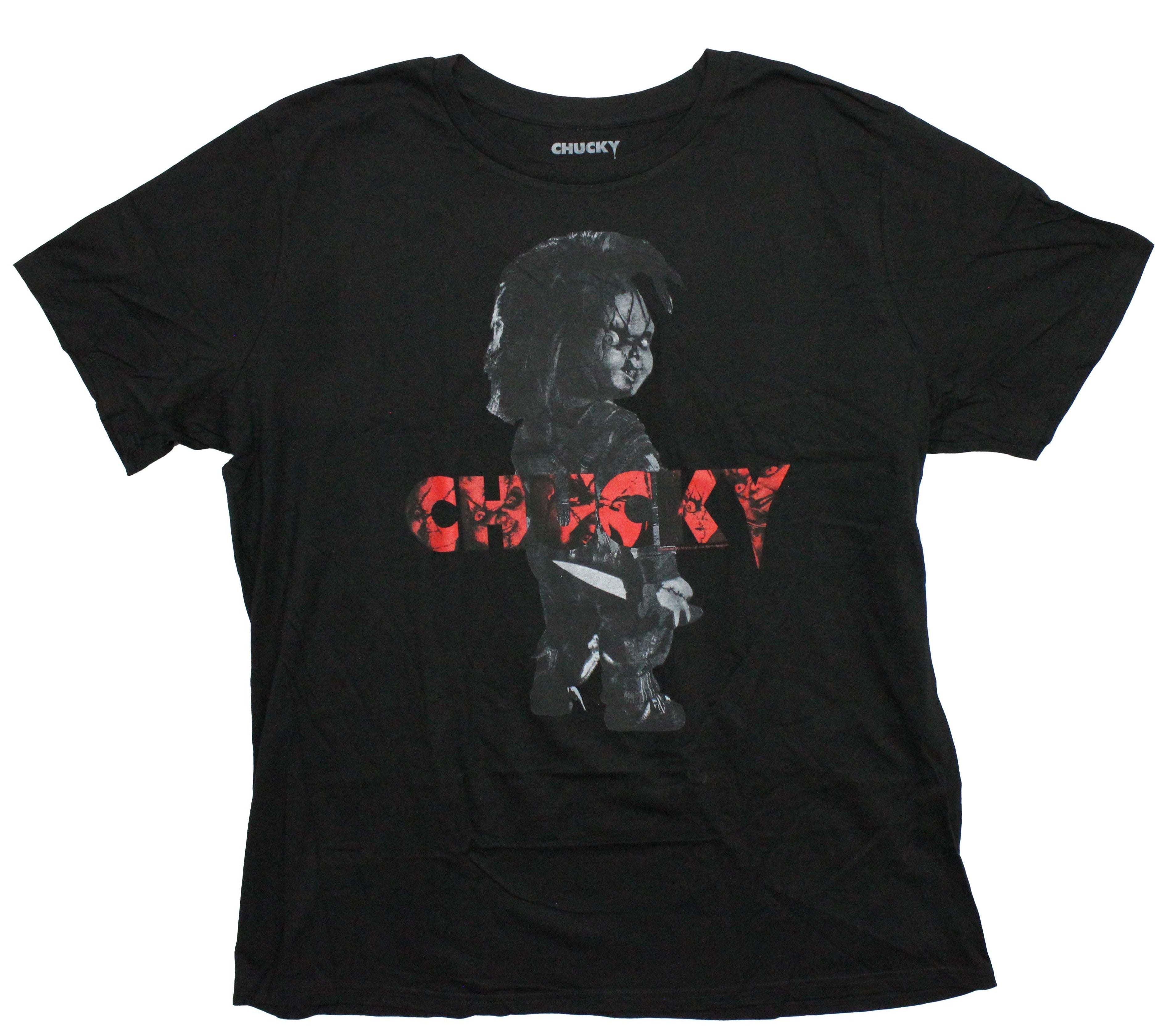 Chucky Mens T-Shirt - Looking Back Holding Knife Name Centered Shadowed Hoodie, Sweatshirt | CiraTrend.com