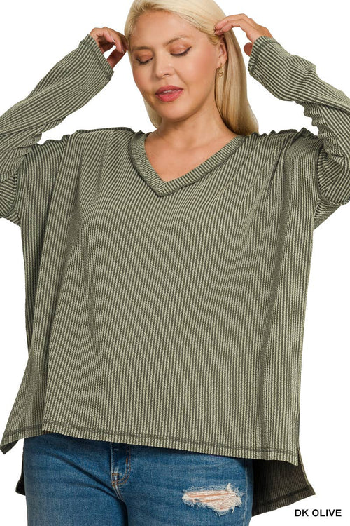 0815 Plus Raised Rib Long Sleeve Hi Low V Neck Top SI-28344